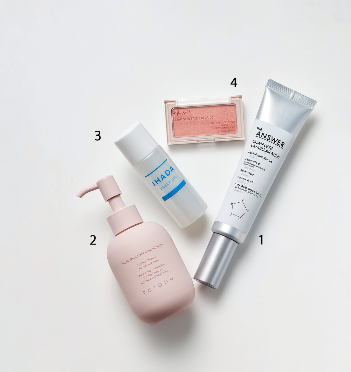 森香澄が愛用した溺愛コスメ4選、THE ANSWER ジアンサー コンプリートラメラミルク,to/ one トーンフローラ トリートメント クレンジング オイル,IHADA イハダ薬用リセットオイル,ettusaisエテュセグロウスキン フェイスカラー　03. じんわり血色チーク