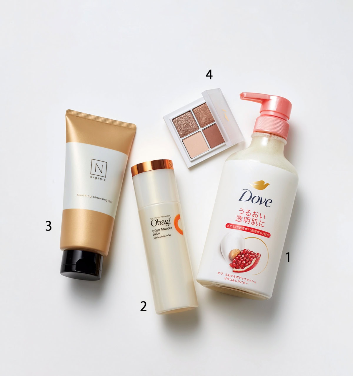 吉田朱里の2025年下半期溺愛コスメ4選。Dove ダヴ ふわとろボディウォッシュ、Obagi C オバジシー クリアアドバンスドローション、N organicエヌオーガニック Basic スージング クレンジングジェル、ビーアイドル b idol THE アイパレR 08