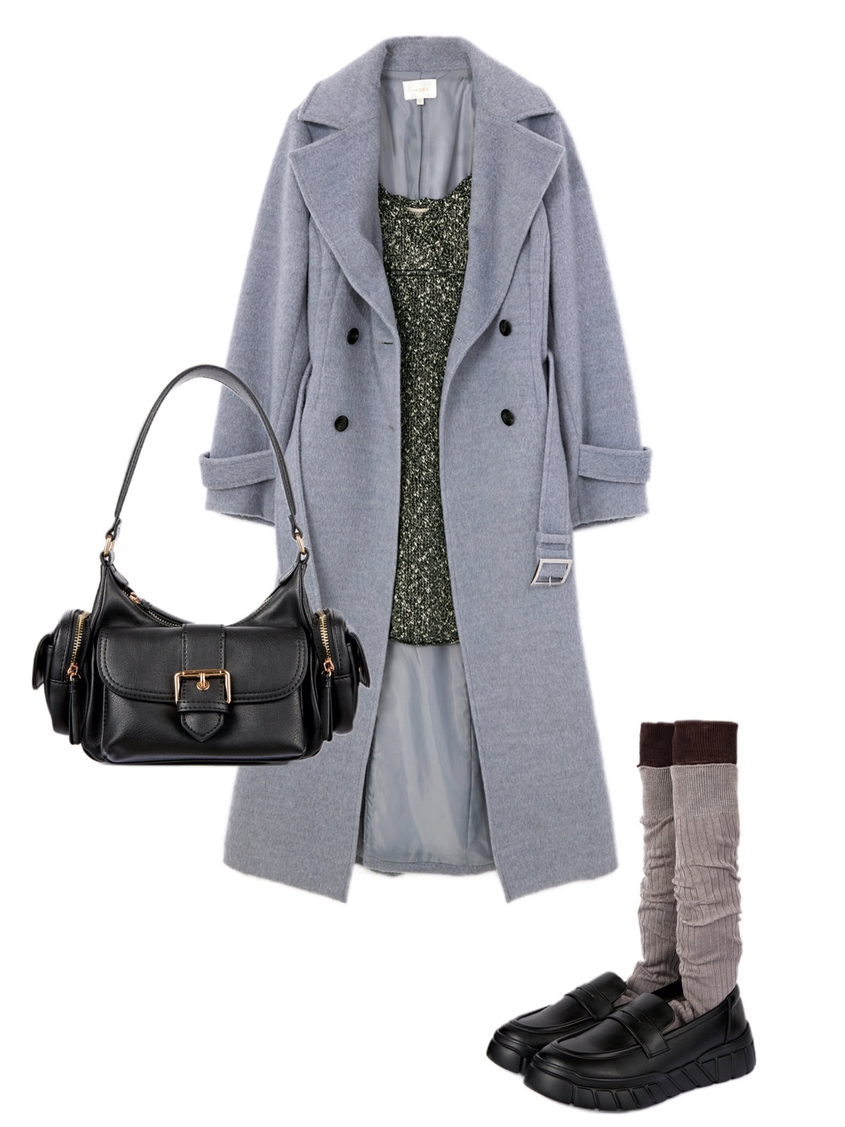 ラメ入りニットドレスにグレーのロングコートを重ね、リブソックスとローファーを合わせた冬コーデ。華やかなドレスをスクールムードな足元でハズしつつ、コートであたたかさと全体のトーンをニュートラルにまとめたスタイリング。