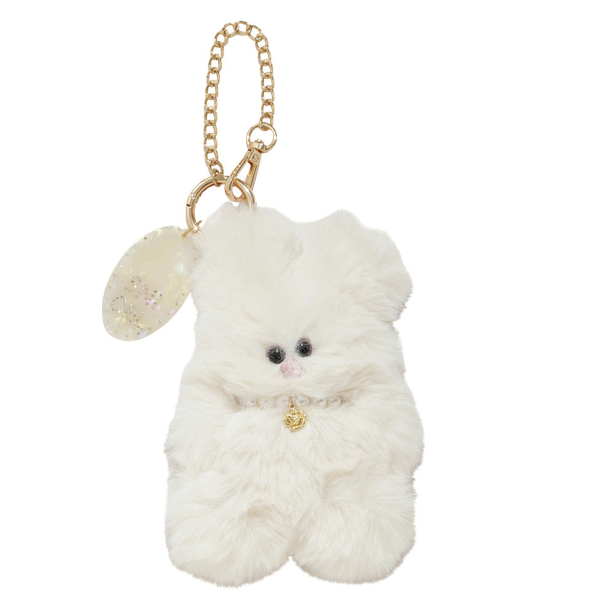 SNIDELのうさぎチャーム。つぶらな瞳のうさぎに、パールのネックレスをオン。