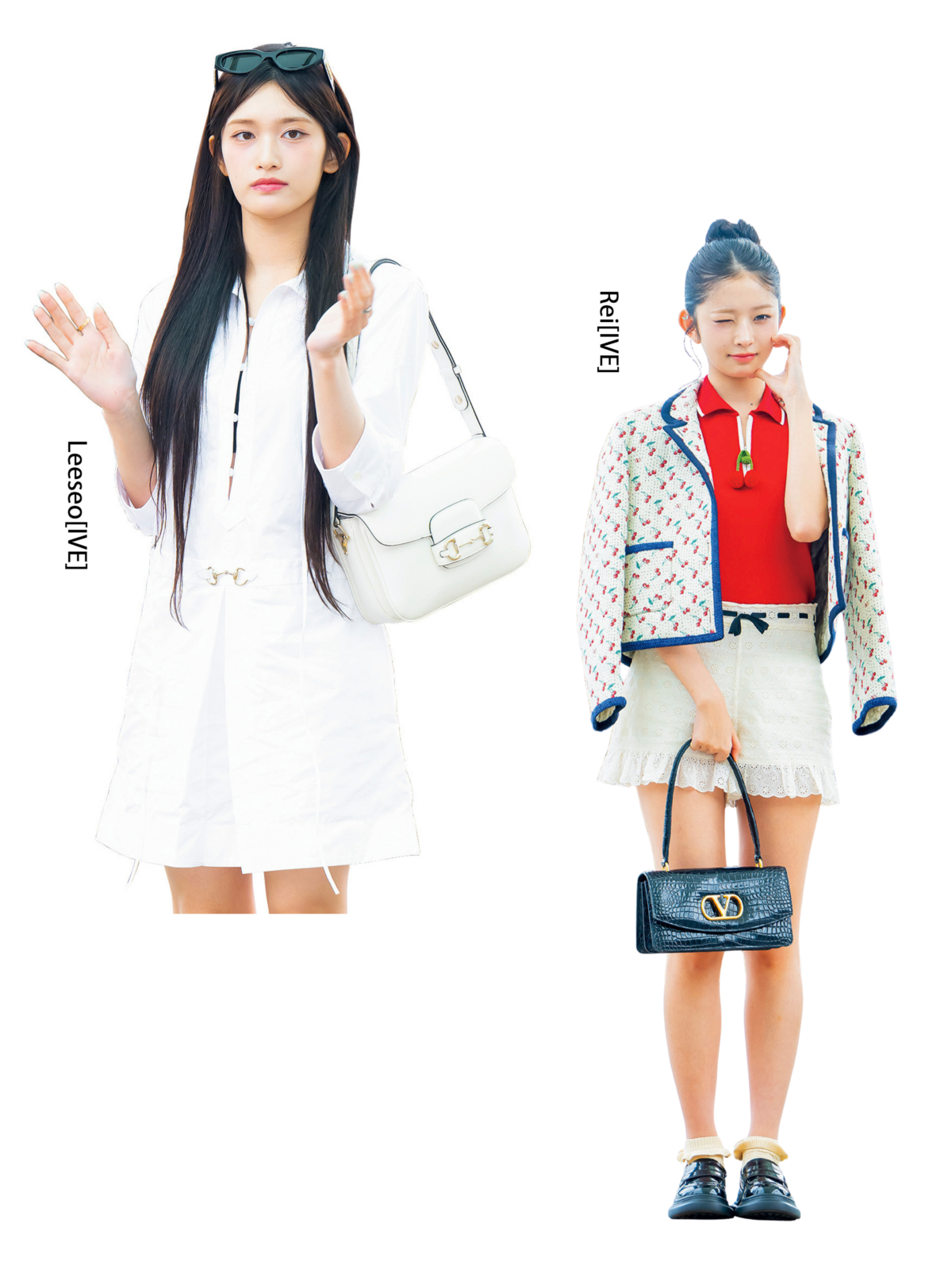 フラップバッグを主役にした冬コーデ。白ワンピース×白フラップバッグの上品スタイルと、赤トップス×ツイードジャケット×ネイビーフラップバッグのレディコーデ