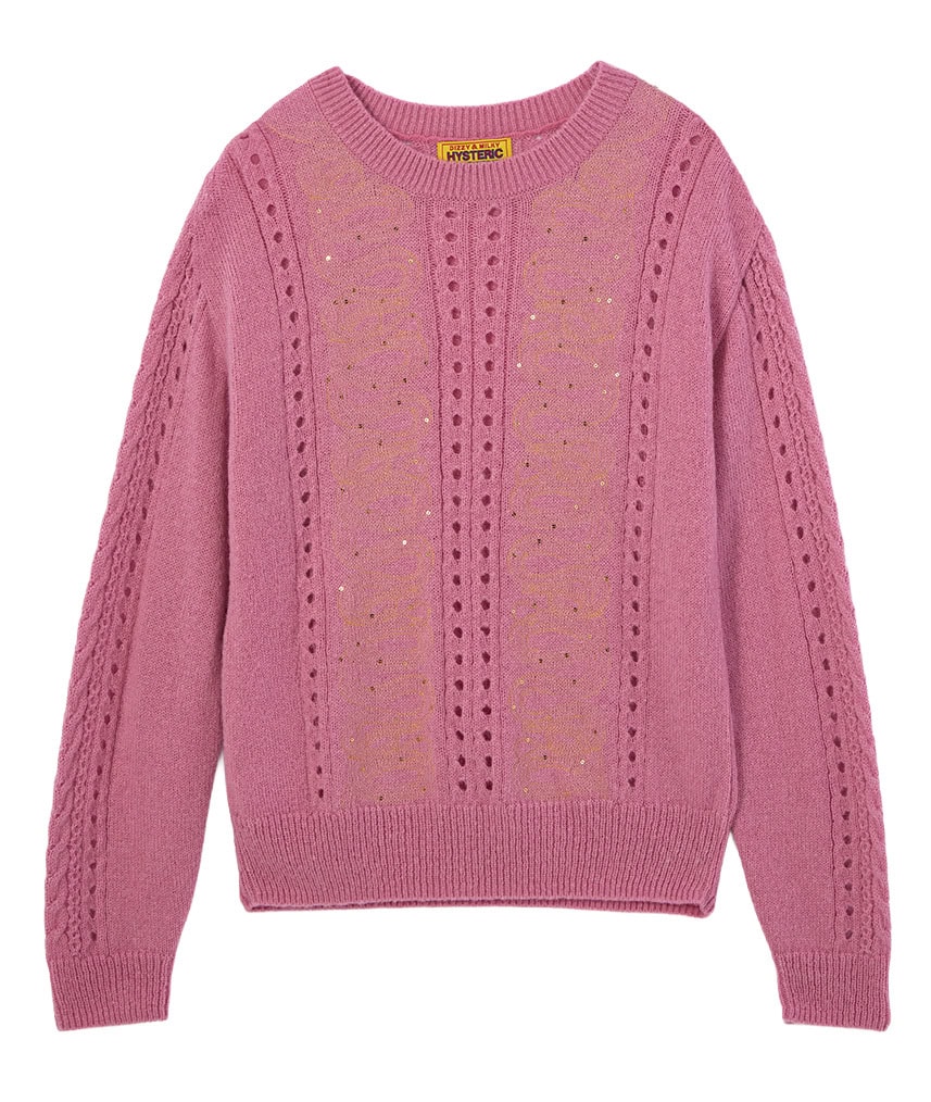 HYSTERIC GLAMOURの、スパンコールをあしらったSNAKE LOOP”モチーフのピンクのニット