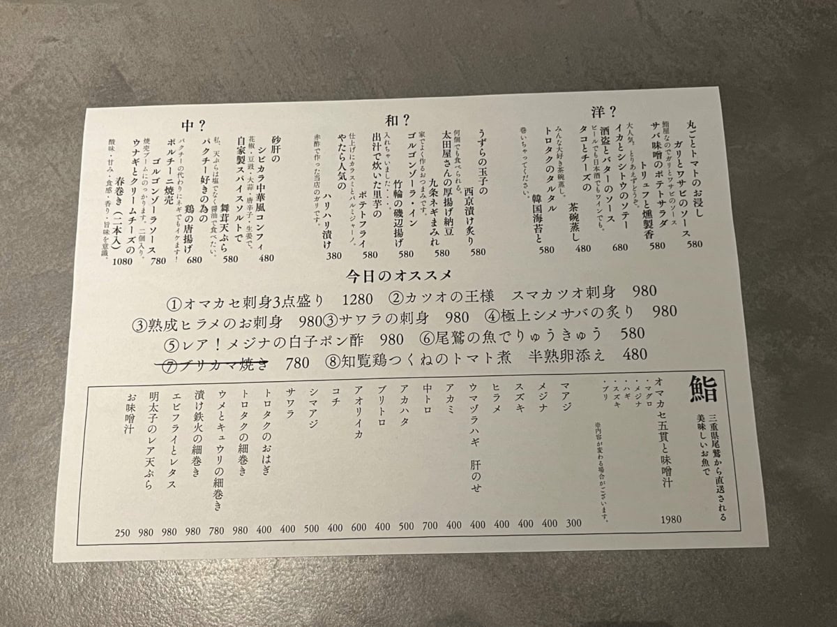 訪れた日のメニュー表