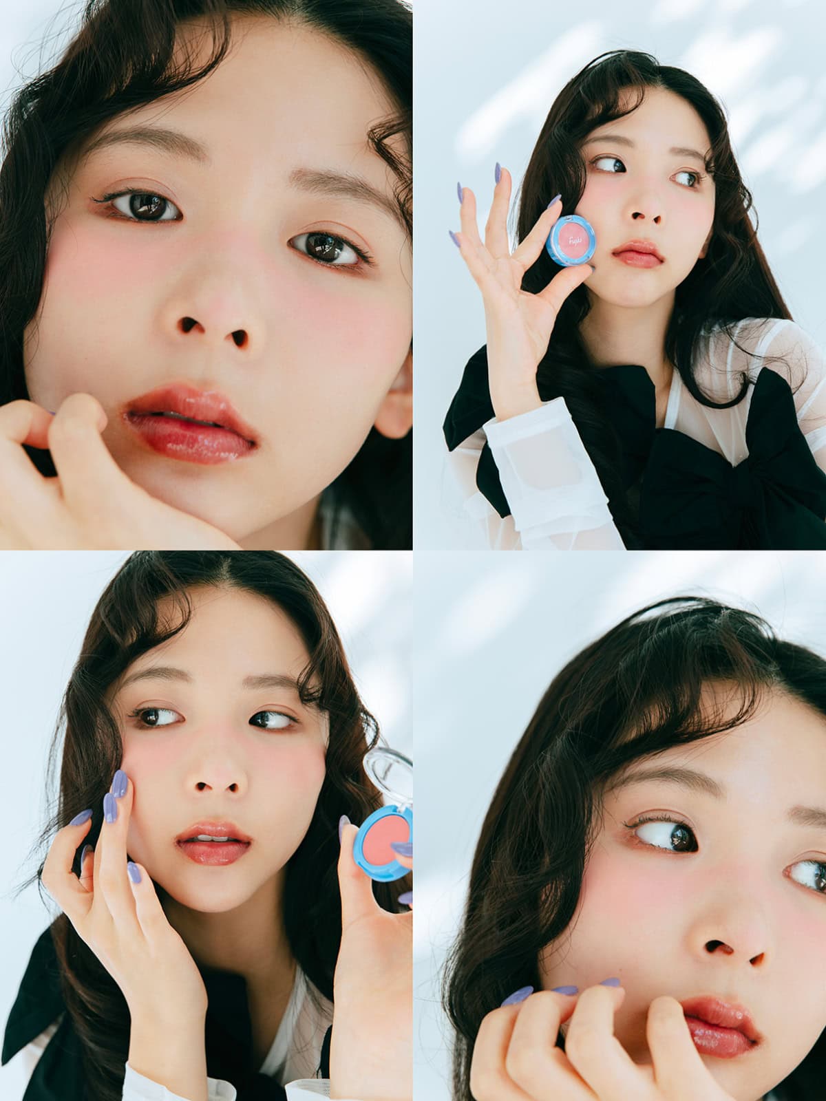 モデルのミチさんがFujikoの新作チーク(ちょい悪ローズ)を使ってメイクし商品を持ったカット