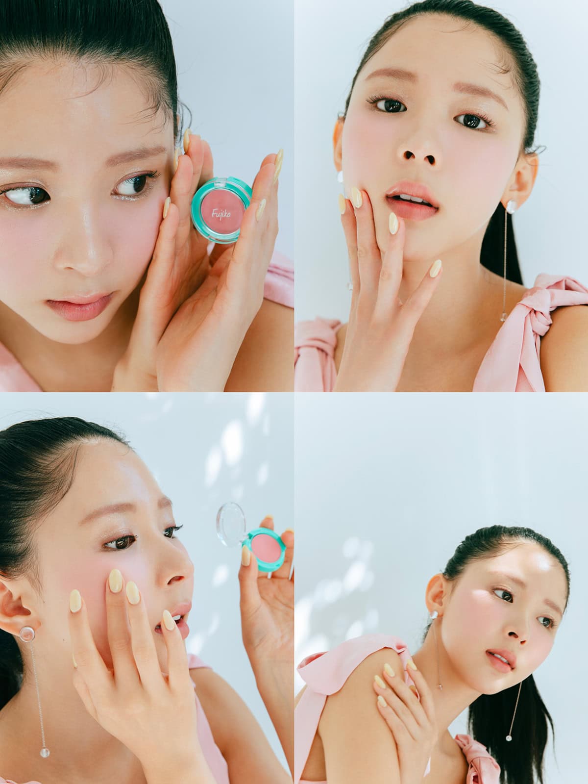 モデルのミチさんがFujikoの新作チーク(沼らせピンク)でメイクし商品を手に持つカット