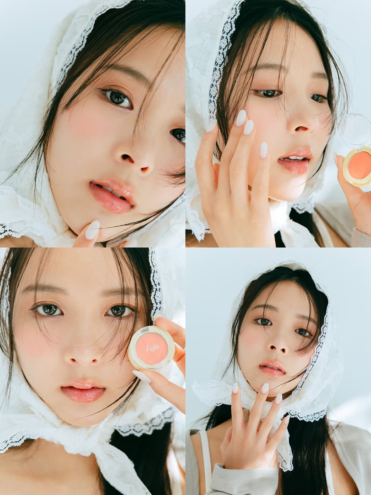 モデルのミチさんがFujikoの新作チーク(売れっ子ピーチ)を手に持ったカット