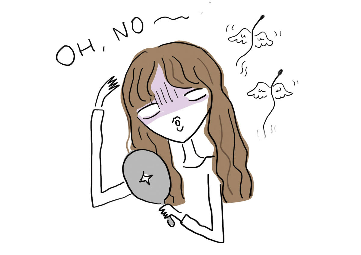 髪の抜け毛や薄毛に悩み、鏡を見て落ち込むアラサー女性のイラスト。アラサーが抱える髪悩みを表現。