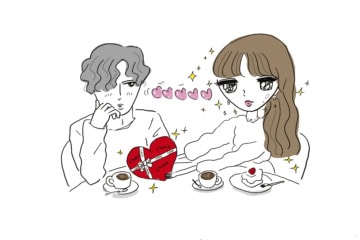 アラサーの透明感あふれる“うるちゅる肌”をイメージしたイラスト。カフェで向かい合う男女と、赤いハート型チョコレートが印象的な大人可愛いビジュアル。