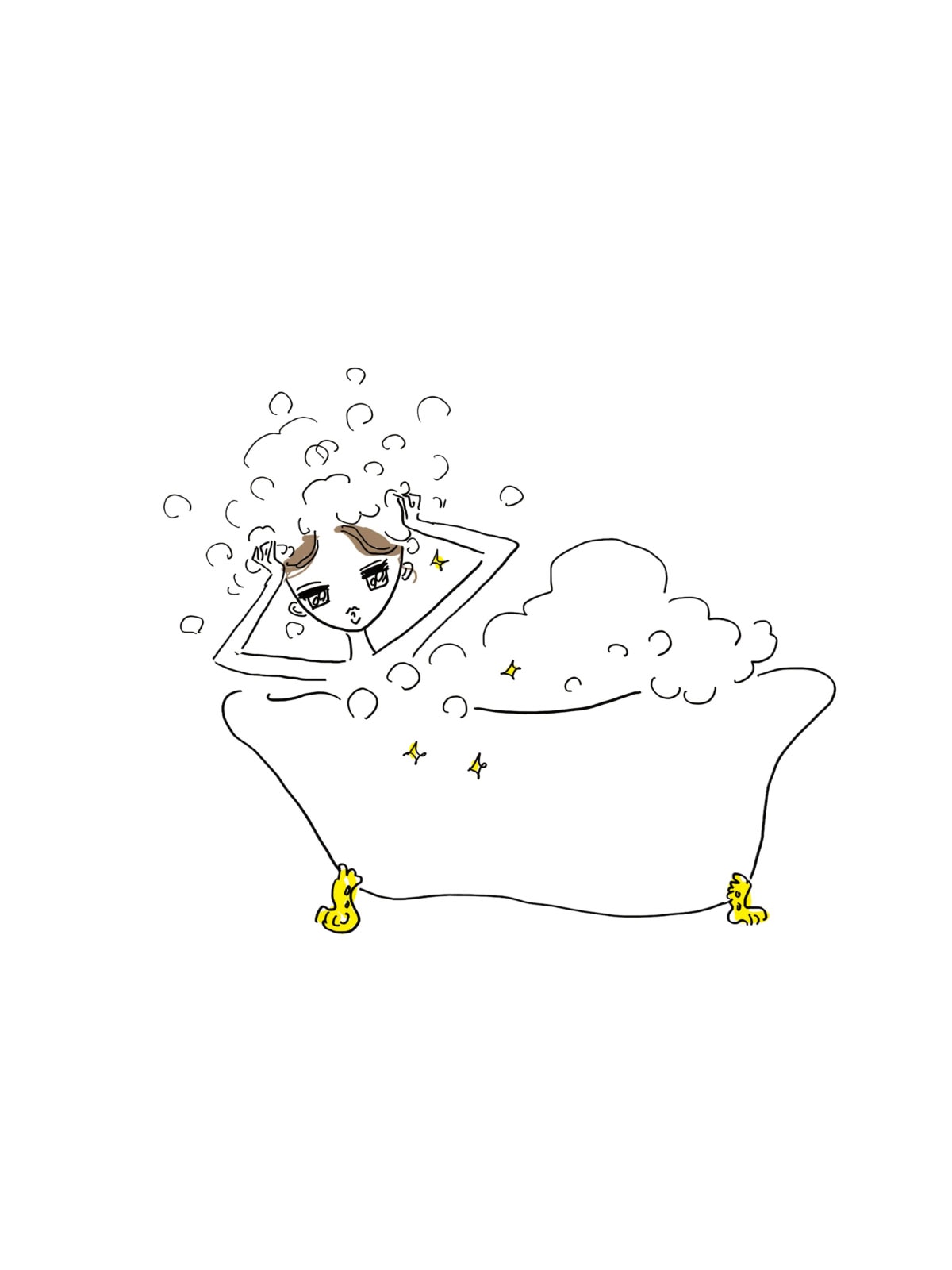 泡に包まれながらシャンプーする女性のイラスト。頭皮ケアを意識した美髪ホームケアのバスタイムシーン。