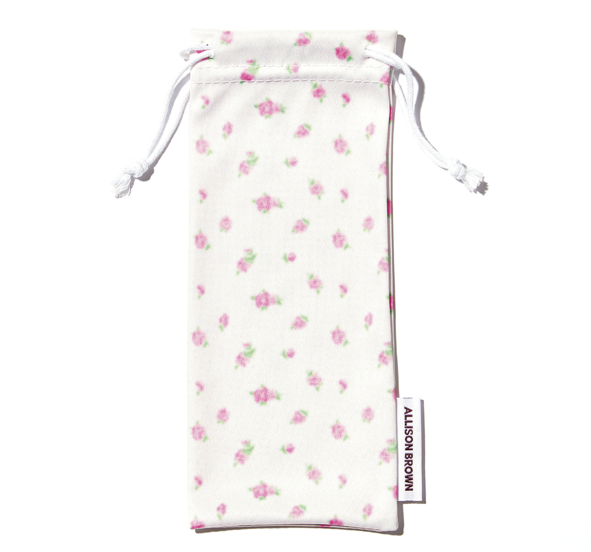 アリソンブラウンの調光サングラスには、メガネ拭きとしても使えるケース付き。白地にピンクの花柄がかわいい。