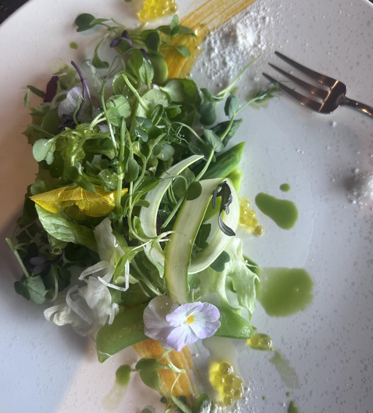 マイクログリーンや青ねぎ、食用花（パンジー・黄色い花）などをあしらったボリュームたっぷりのグリーンサラダ。グリーンソースが添えられた白いプレートに盛り付けられ、フォークが添えてある