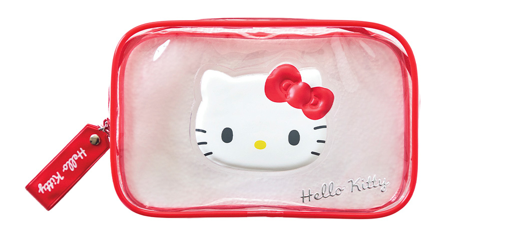 上西星来さん愛用のサンリオ(sanrio)ハローキティの立体顔がついた赤とクリアの平成レトロ風大容量ポーチ