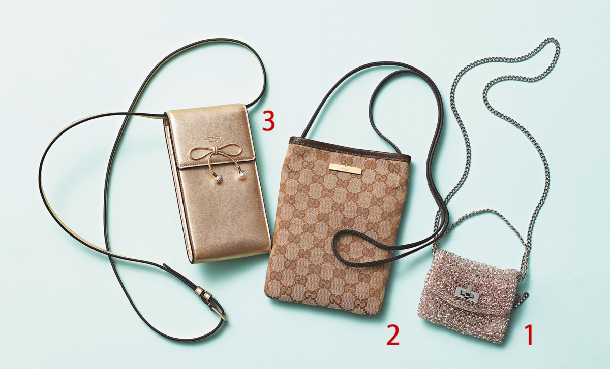 1.アンテプリマのミニチュアワイヤーバッグ、2.グッチのGGキャンバス ガジェットケース、3.ジミー チュウのリボン付きメタリックガジェットケース