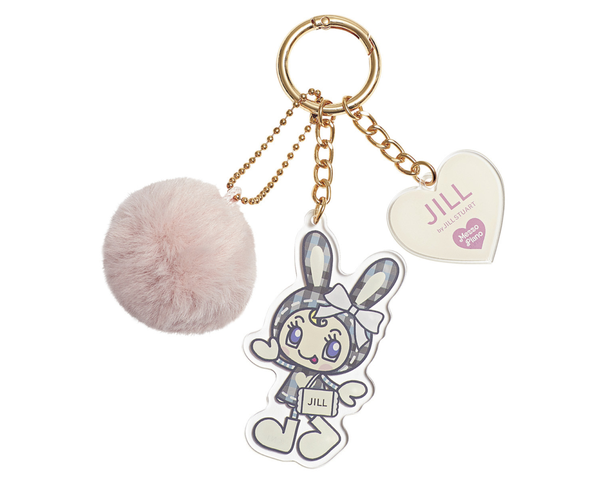 ジル バイのお洋服を着たベリエちゃんのアクリルチャーム、ピンクのふわふわファーポンポン、ハート型プレートがセットになった豪華3連チャーム。
