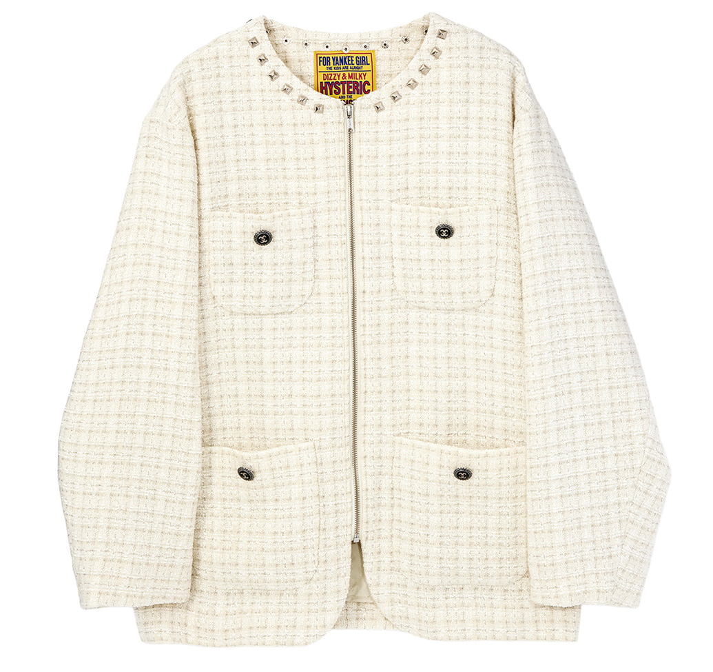 ヒステリックグラマー(HYSTERIC GLAMOUR)の襟元にスタッズが施されたホワイトツイードジャケット