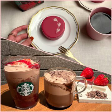 カカオ＆ストロベリー ムース フラペチーノ®、カカオ ムース ラテ、ルビーチョコレートケーキ