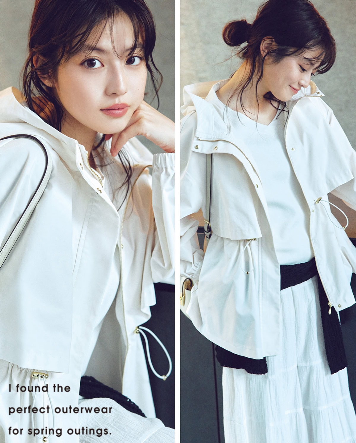 ナチュラルビューティーベーシックのフーディブルゾンを着てポーズをとる今田美桜さんのカット