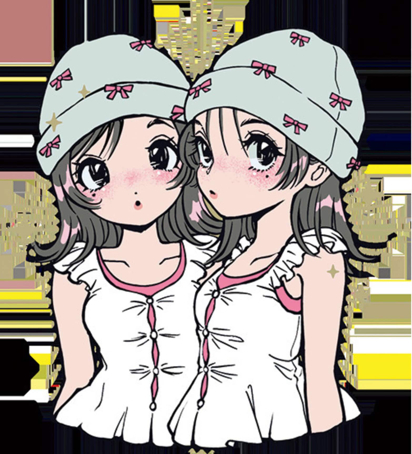 双子座の今月の運勢をイメージした、リンクコーデ風のふたりのガーリーなイラスト