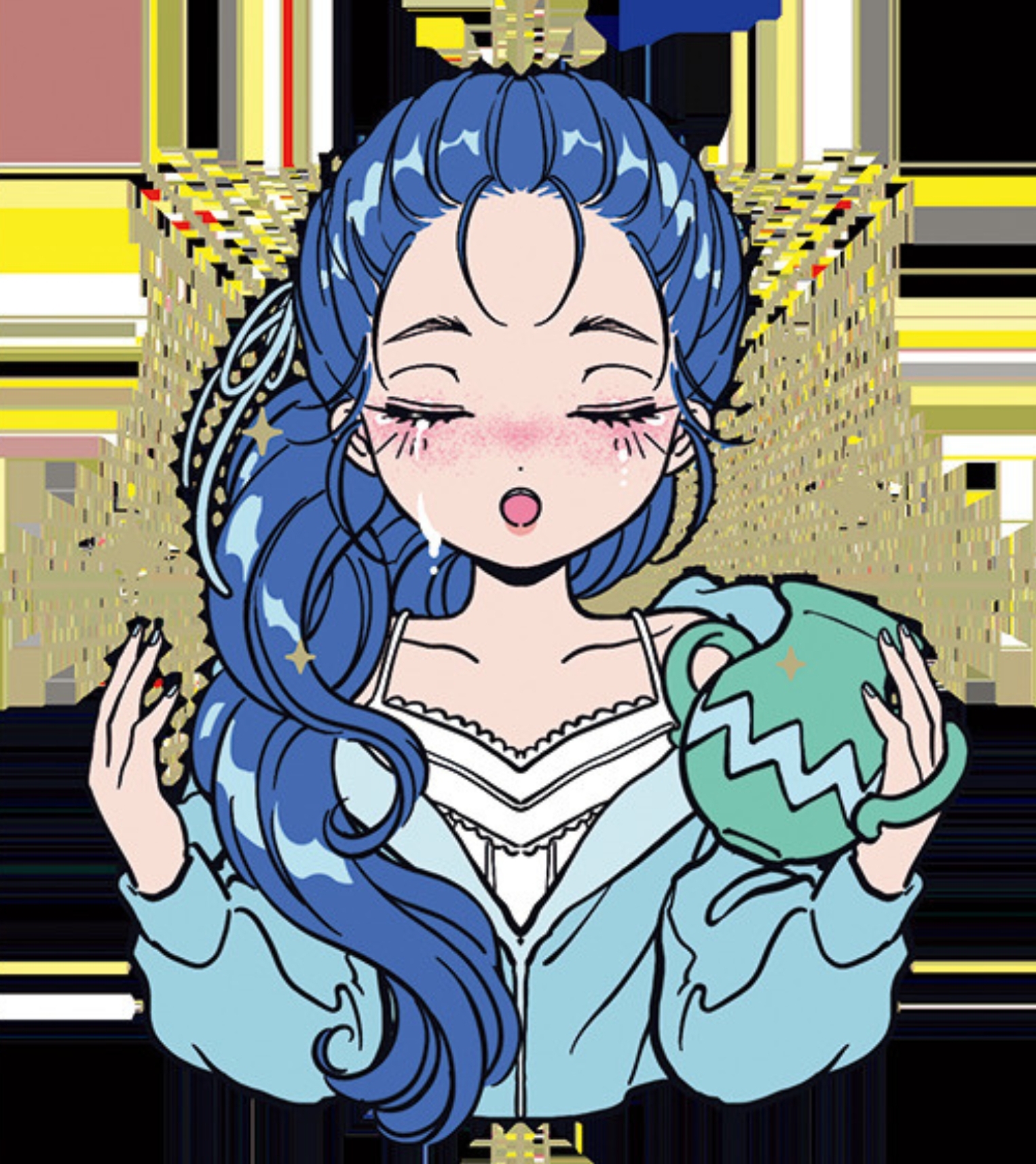 水瓶座の今月の運勢を表現した、神秘的で透明感のあるブルーヘアのイラスト