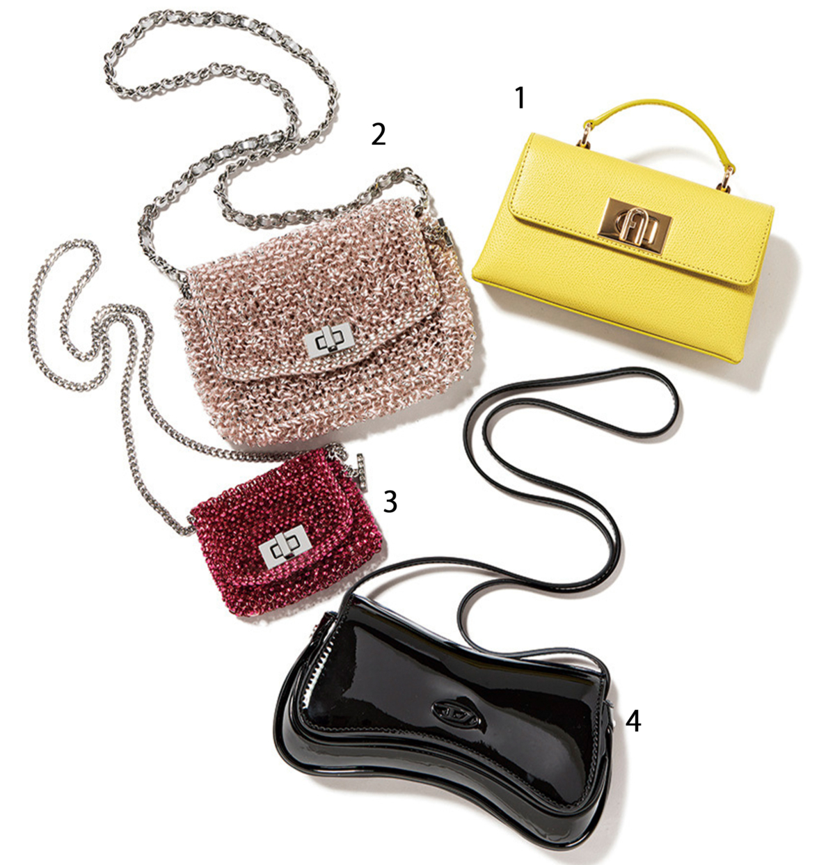 フラップタイプやチェーン付き、マイクロサイズなど、アクセサリー感覚で楽しめるミニミニバッグを集めたイメージ