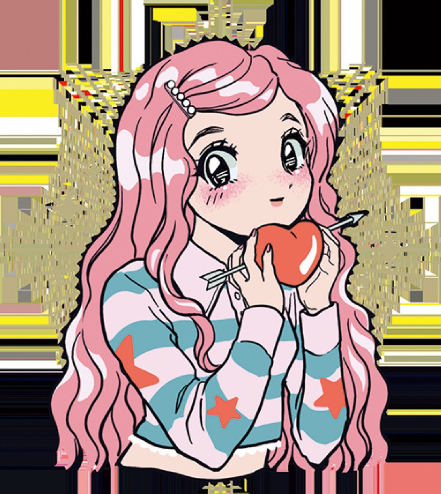 射手座の今月の運勢をイメージした、ハートを大切に抱くまっすぐで愛らしいイラスト