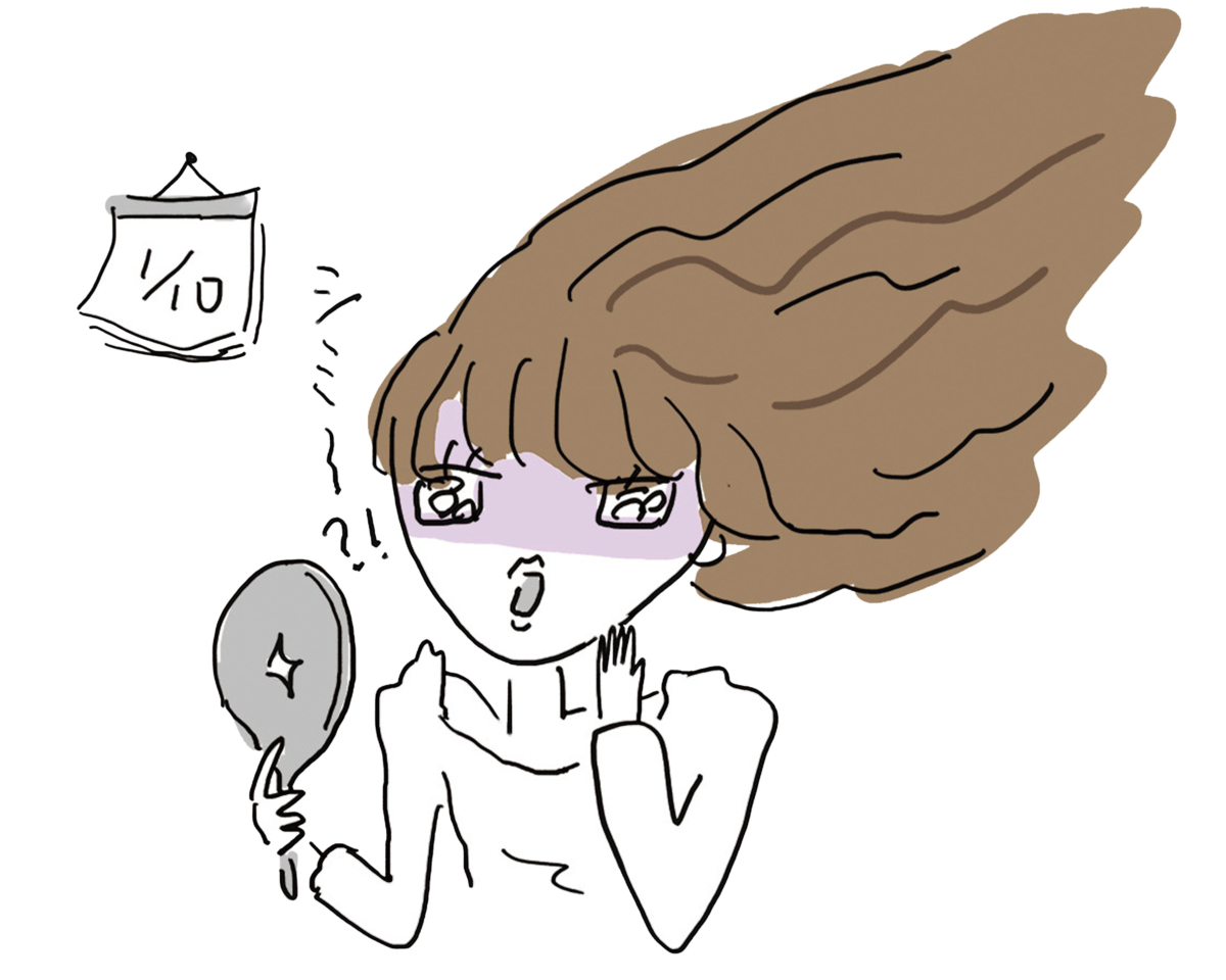 1/10のカレンダーを背景に、くすみやシミが気になり鏡を見て落ち込む女性のイラスト。肌のトーンが暗く見える様子を表現。