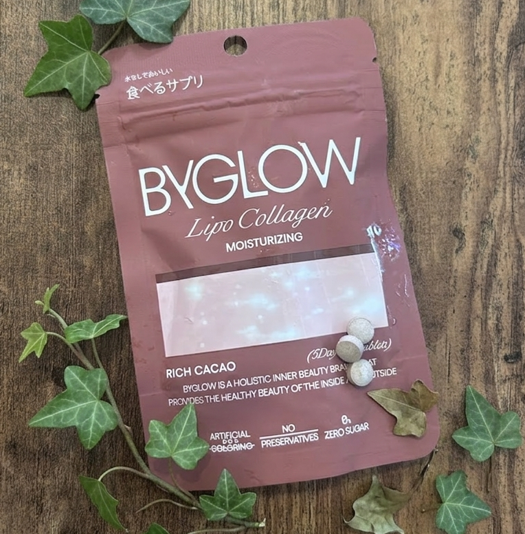 バイグロー リポコラーゲン リフトショット タブレット。カカオ風味が美味しい食べる美容サプリ。