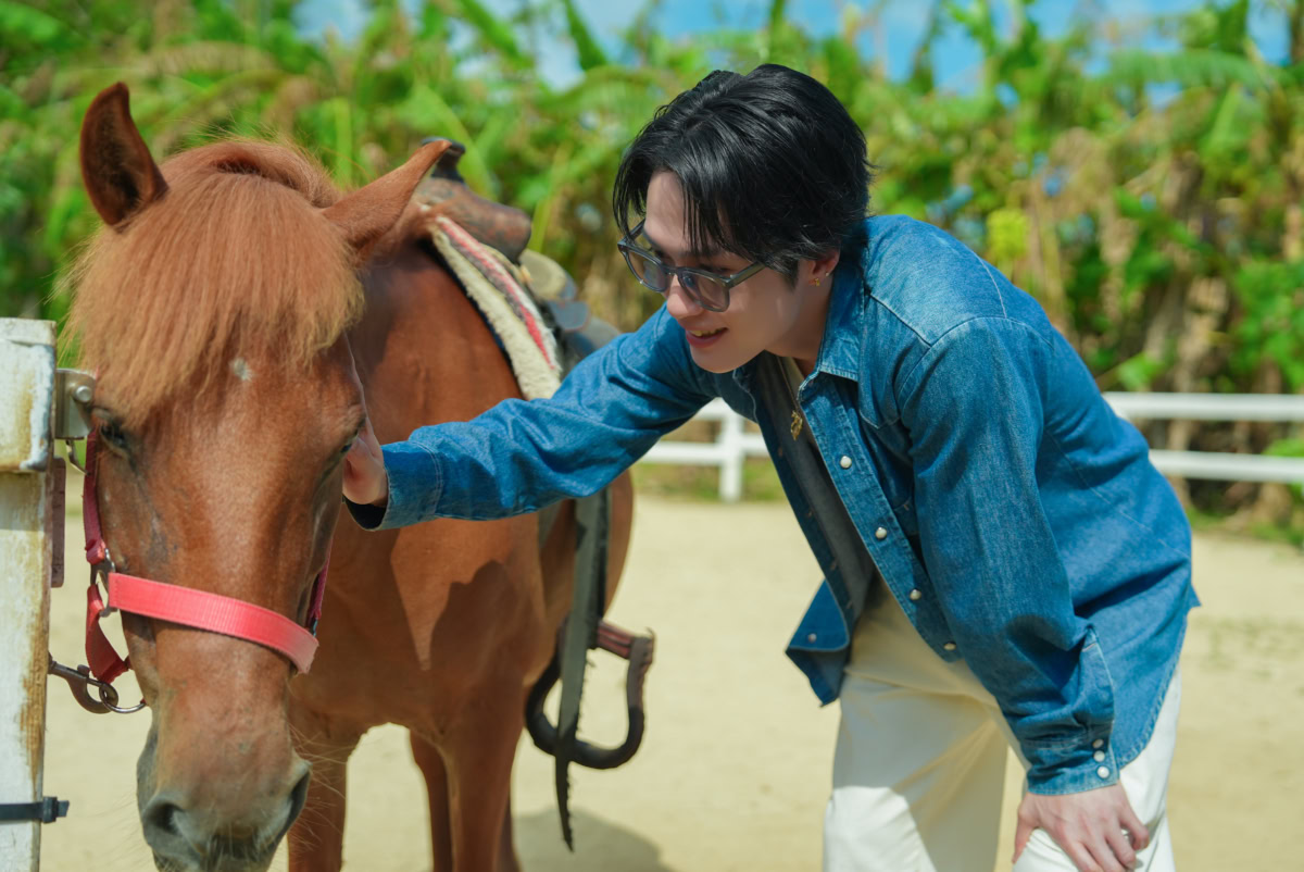 はいむるぶし名物の馬「さんぴん」と触れ合うTHE RAMPAGE 藤原樹さん 